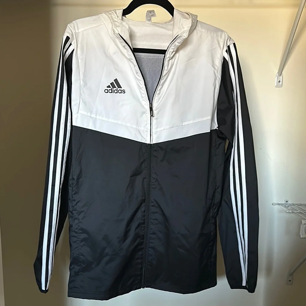 adidas Black and White Utility Jacket with Hood and Full-Length Zipper